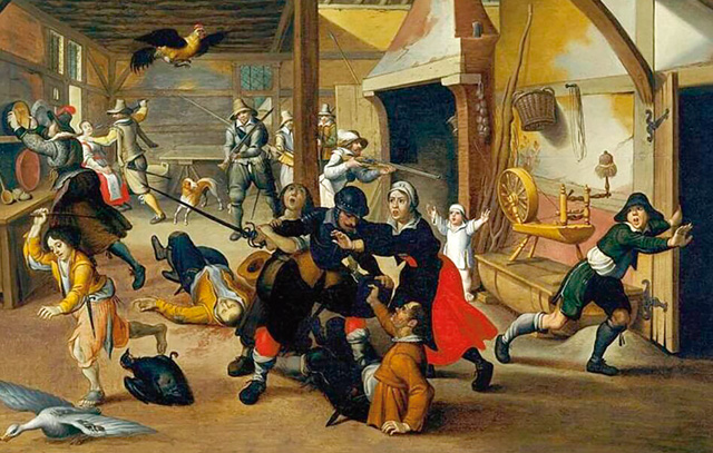 Dreißigjähriger Krieg 1618-1648: Marodierende Soldaten bedrohen eine Familie: Gemälde von Sebastian Vrancx, 1647, Deutsches Historisches Museum Berlin.