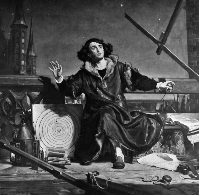 Nikolaus Kopernikus (1473-1543) bei der Himmelsbeobachtung nach einem Gemälde von Jan Mateijko.