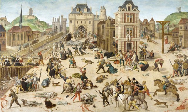 Massaker der Bartholomäusnacht 
Am Fest des Heiligen Bartholomäus kam es 1572 zu einem Massaker, dem in Paris etwa 3.000 und auf dem Land mehr als 10.000 Hugenotten zum Opfer fielen. 
