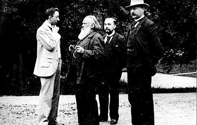 Johannes Brahms (2. v. links) am Friedhofsausgang unmittelbar nach Claras Begräbnis